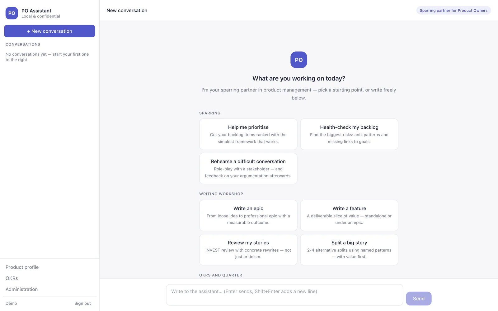 The PO Assistant chat interface with starter cards for sparring and writing help